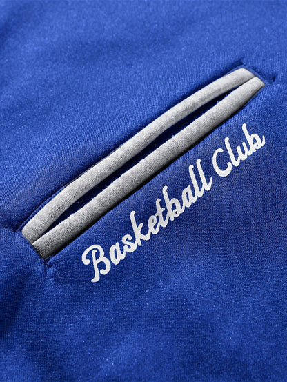 Men’s baseball jacket with hood, snap buttons, embroidery, and ribbed cuffs