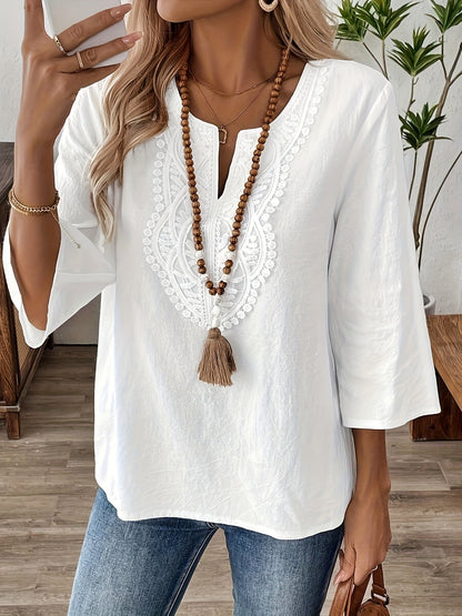 Women's Boho-Style Blouse with Embroidery and 3/4 Sleeves – Perfect for Casual and Everyday Wear