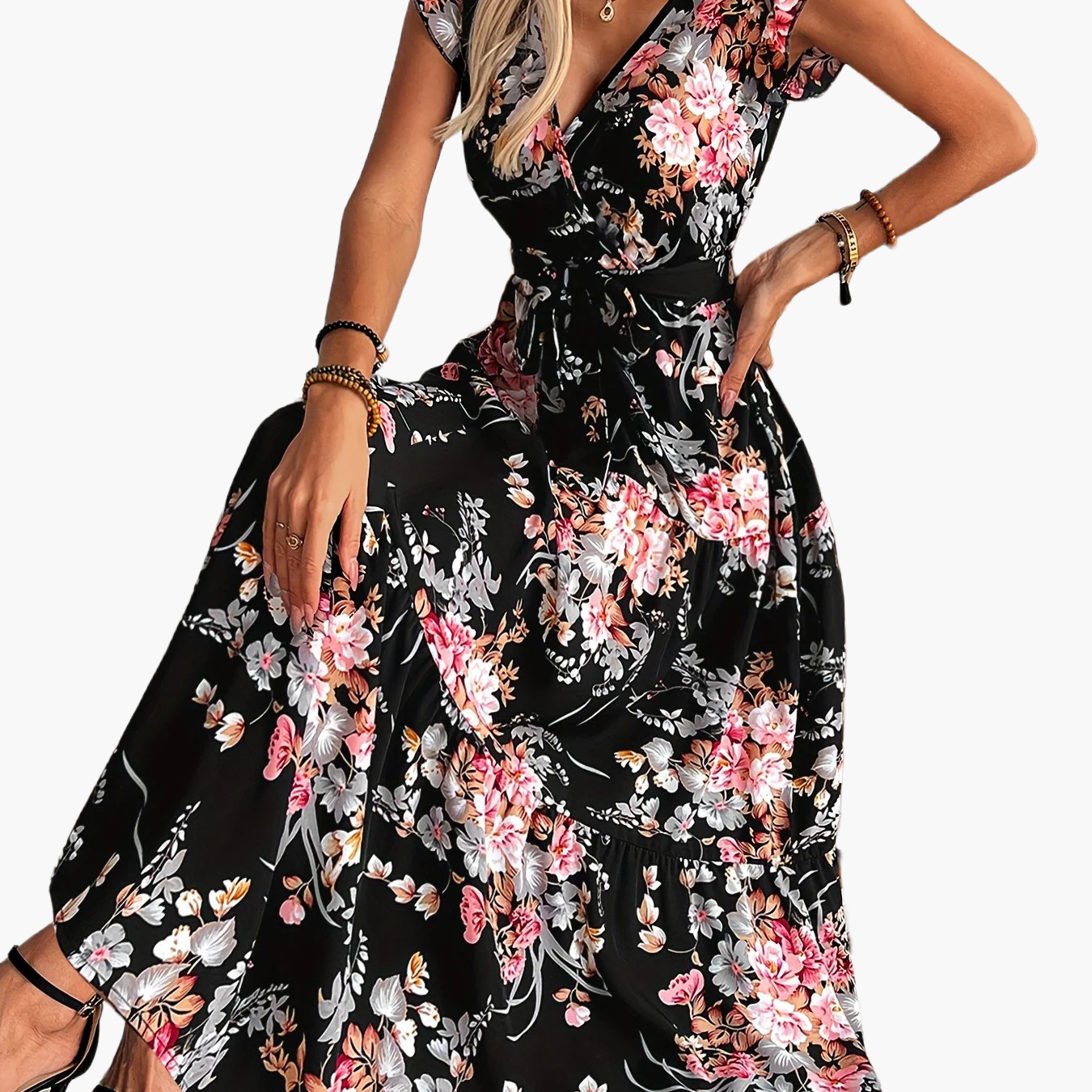 Women's Maxi Dress with Floral Pattern, V-Neck, Belt – Elegant Summer Dress for Vacation & Leisure