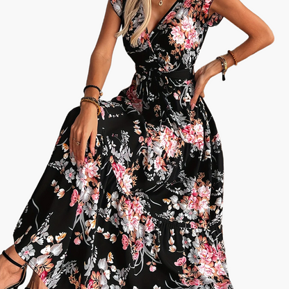 Women's Maxi Dress with Floral Pattern, V-Neck, Belt – Elegant Summer Dress for Vacation & Leisure