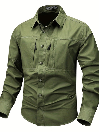 Herren Langarmhemd mit Brusttaschen und Knopfleiste in Militär-Stil