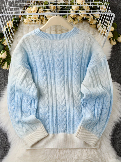Damen Grobstrick Pullover Hellblau Weiß Zopfmuster Rundhals Weich