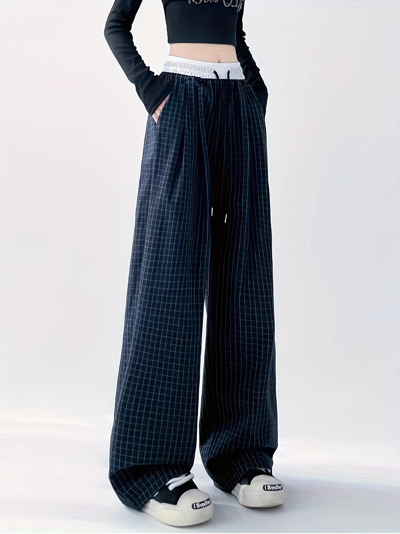 Women's Wide-Leg Pants with Checkered Pattern for Casual and Streetwear
