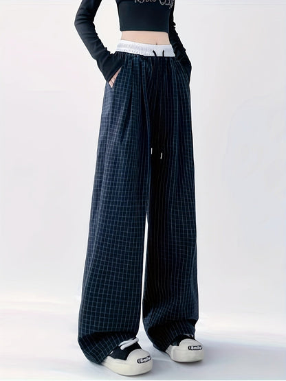 Women's Wide-Leg Pants with Checkered Pattern for Casual and Streetwear