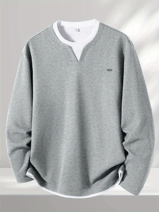 Herren Pullover Langarm Waffelstruktur V-Ausschnitt Optik Zwei-Lagen-Look Grau/Schwarz