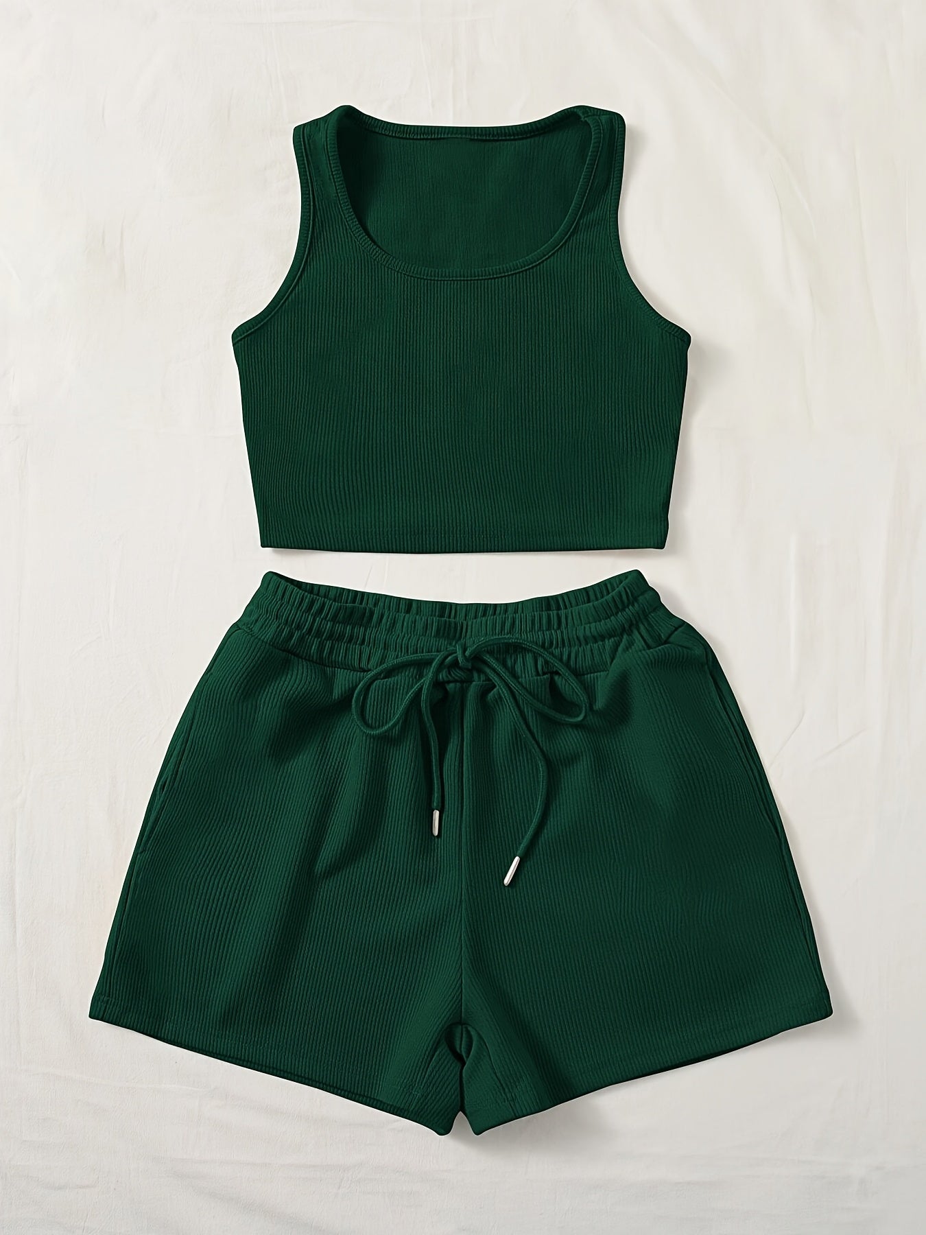 Women's Casual Two-Piece Set – Ribbed Crop Top and Shorts, Fashionable Summer Look