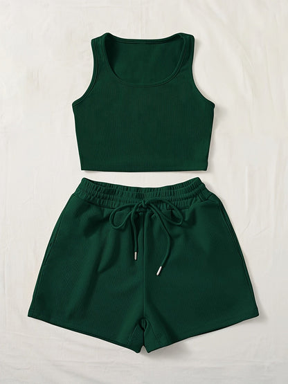 Women's Casual Two-Piece Set – Ribbed Crop Top and Shorts, Fashionable Summer Look