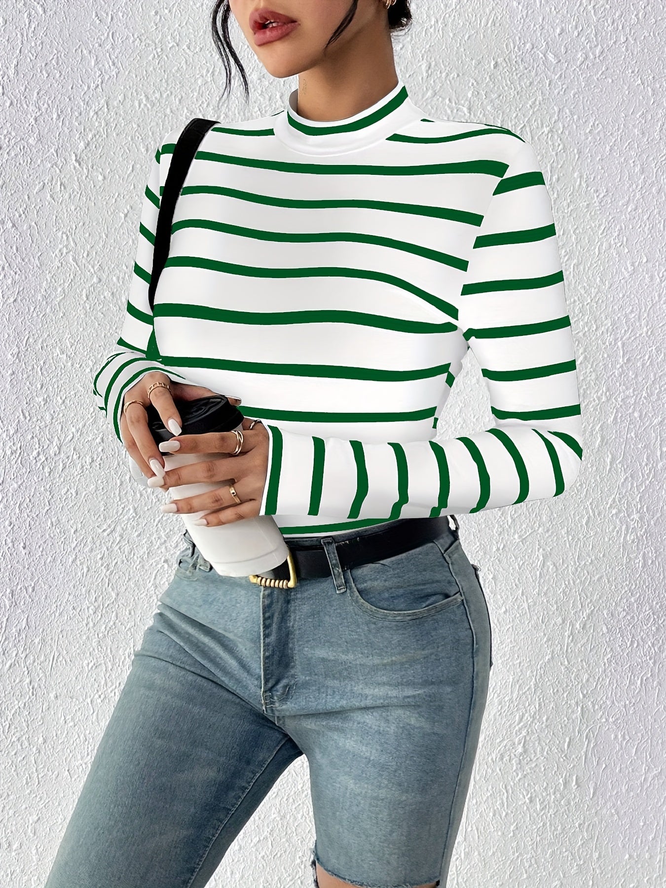 Damen Langarmshirt gestreift Stehkragen