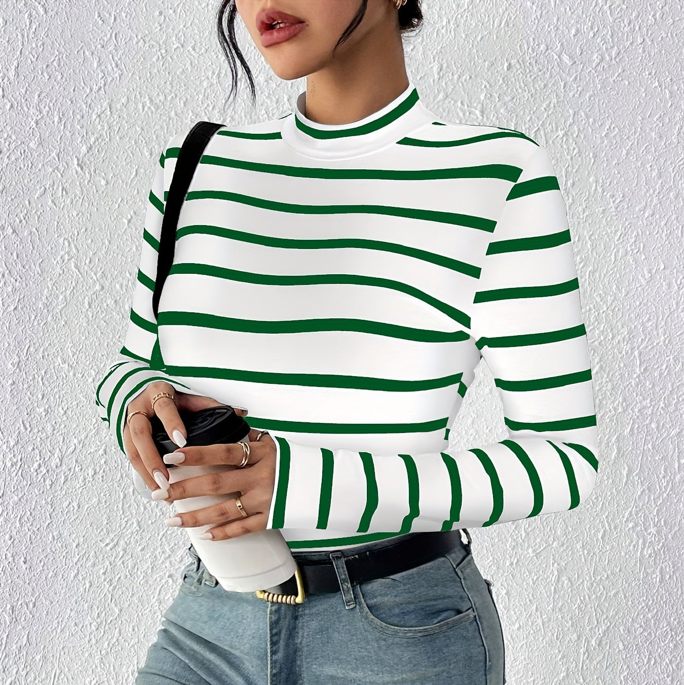 Damen Langarmshirt gestreift Stehkragen