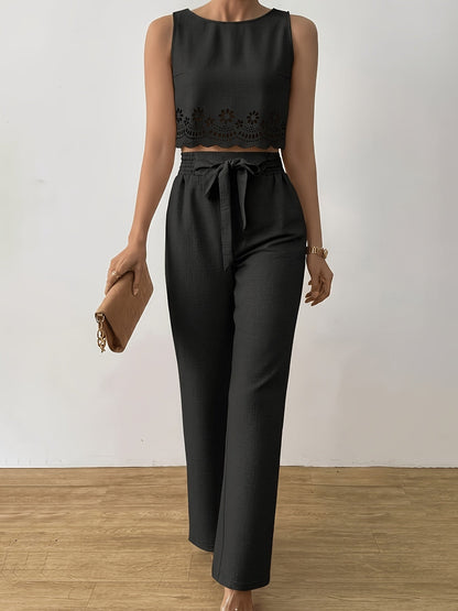 Women's Two-Piece Set Elegant – Sleeveless Crop Top with Eyelet Embroidery and Wide Pants, Perfect for Spring and Summer