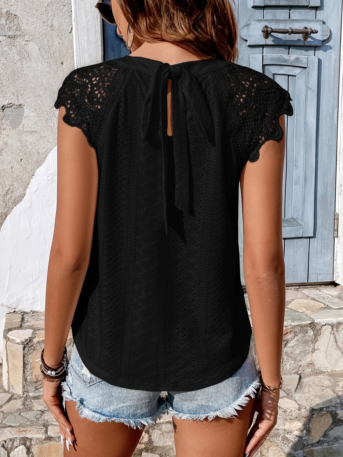 Women's lace blouse with back bow and short sleeves – summer casual boho style