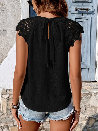 Women's lace blouse with back bow and short sleeves – summer casual boho style
