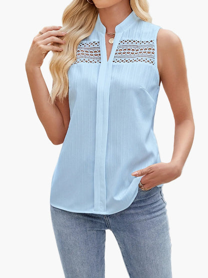 Damen Ärmellose Bluse mit Spitzenbesatz und Stehkragen – Elegante Sommermode für Freizeit und Büro