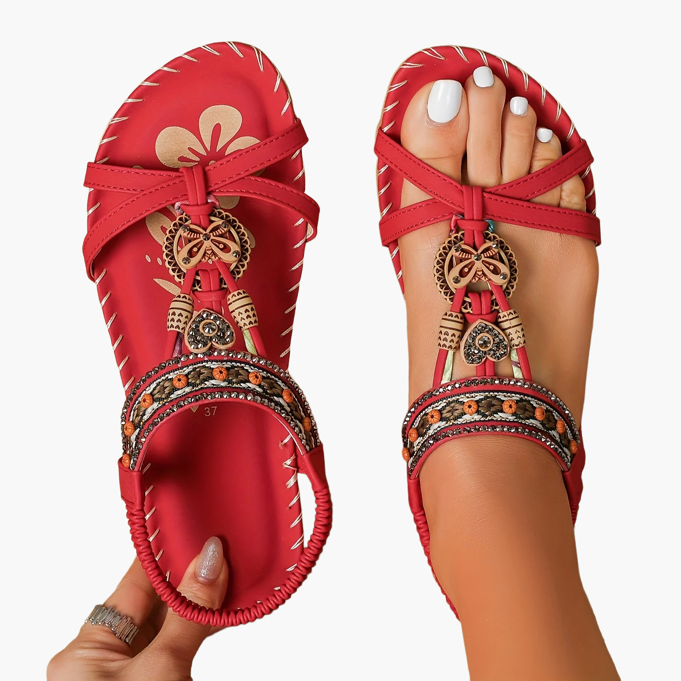 Women's Boho Sandals with Decorative Jewelry and Elastic Ankle Strap – Comfortable Summer Shoes for Casual Wear and Vacation