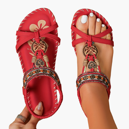 Women's Boho Sandals with Decorative Jewelry and Elastic Ankle Strap – Comfortable Summer Shoes for Casual Wear and Vacation