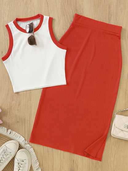 Women's Elegant Two-Piece Set with Sleeveless Top and Skirt – Perfect for Spring and Summer