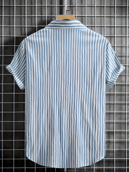 Men's Short-Sleeve Casual Shirt with Stripe Pattern and Open Collar – Summer Casual Shirt