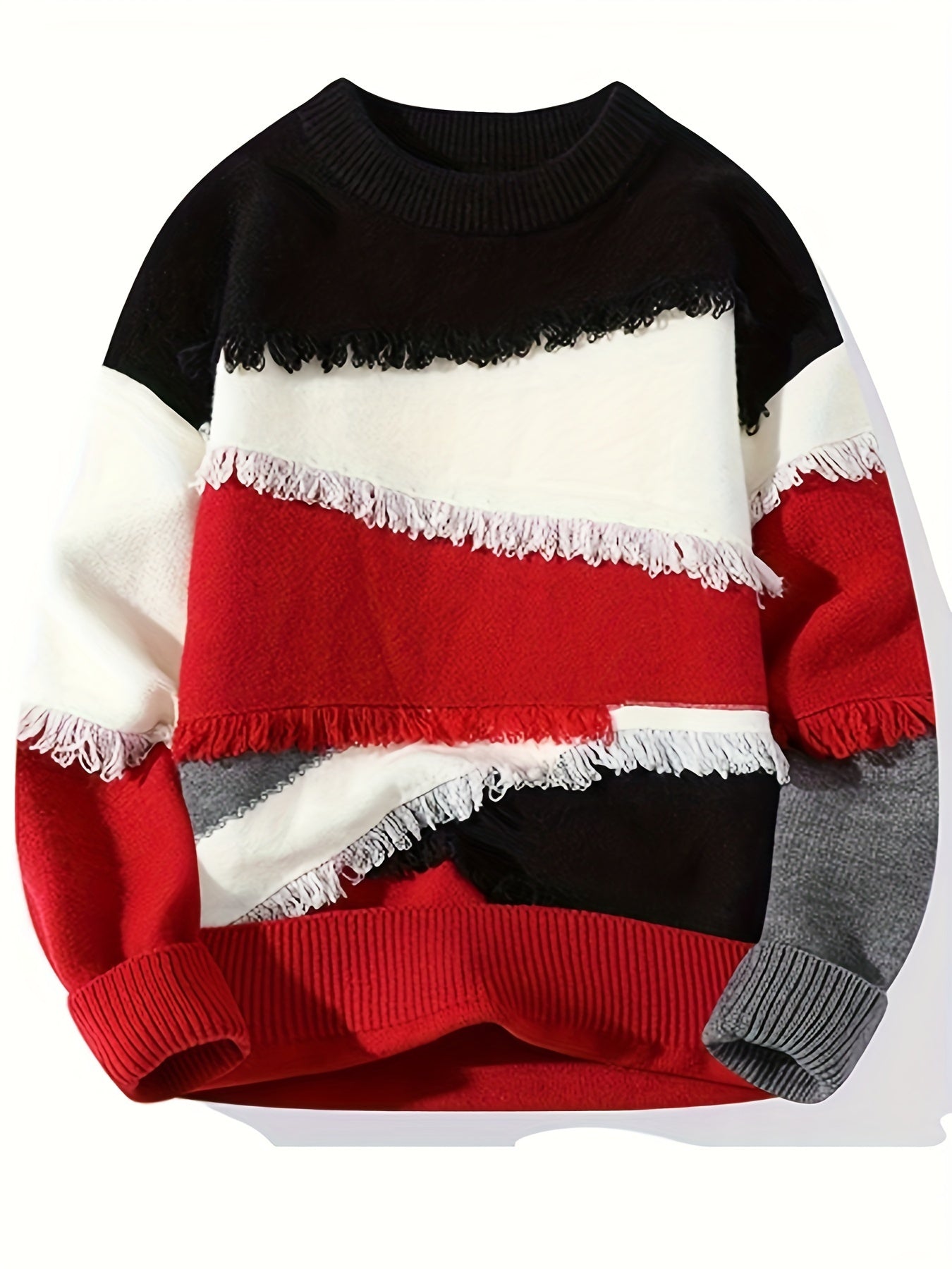 Unisex long-sleeve pullover with color-block design, fringe, and crew neck