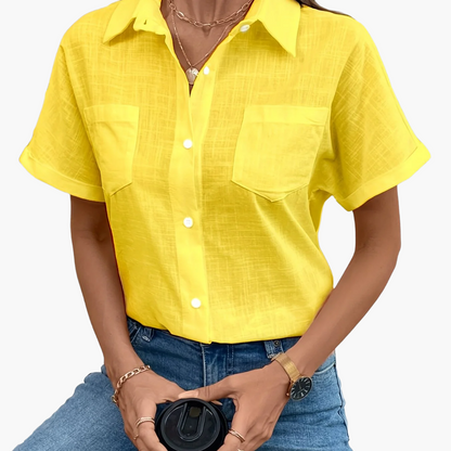 Women's Short-Sleeve Blouse with Bird Print and Chest Pocket – Fashionable Casual Shirt