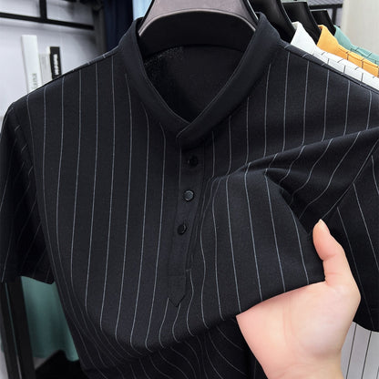 Men's Short-Sleeve Shirt with Stand-Up Collar and Pinstripes – Modern Casual and Business Design
