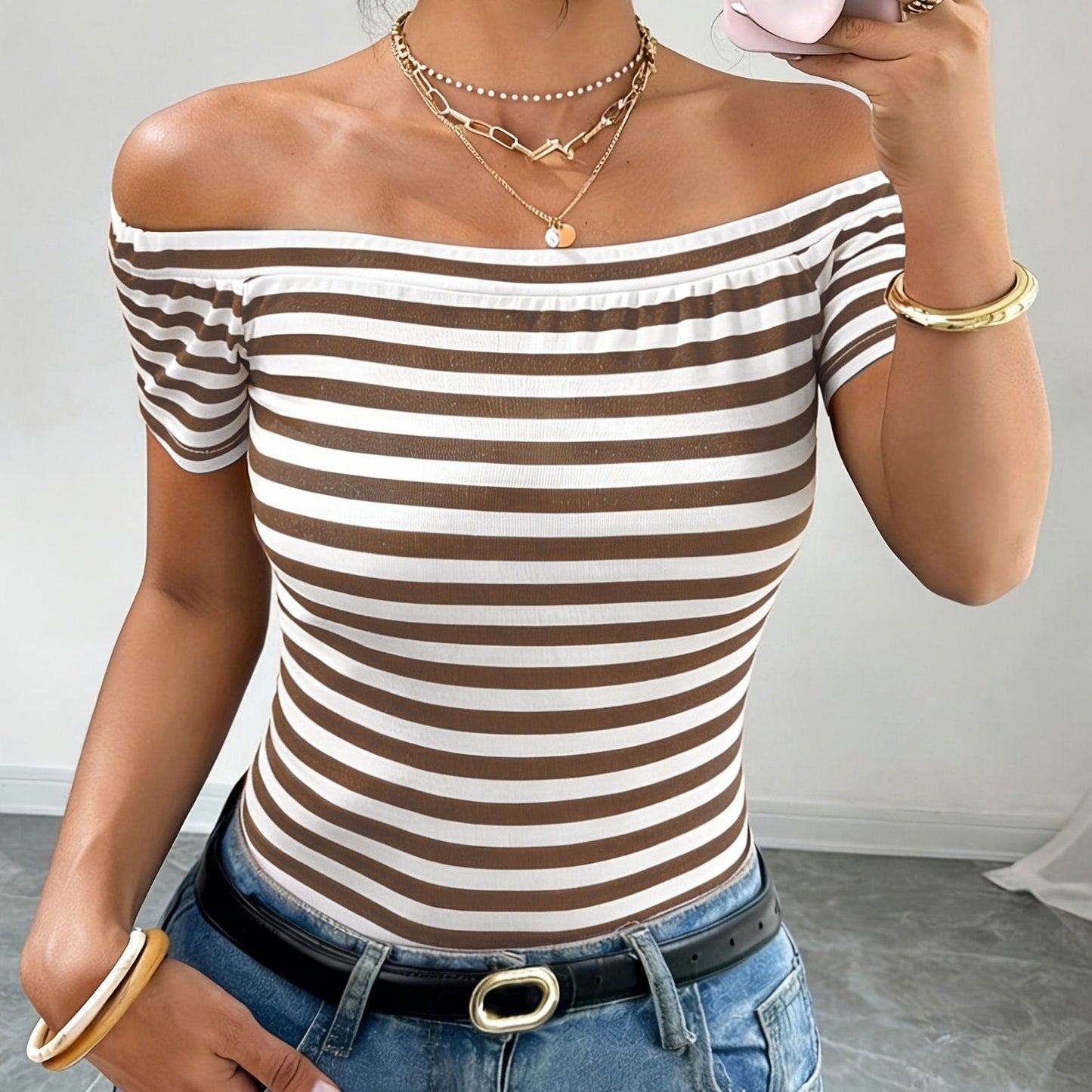 Women's Off-Shoulder Striped Shirt – Bardot Style for Everyday & Going Out