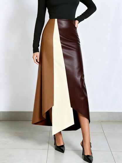 Color-block midi skirt with an asymmetrical faux-leather hem
