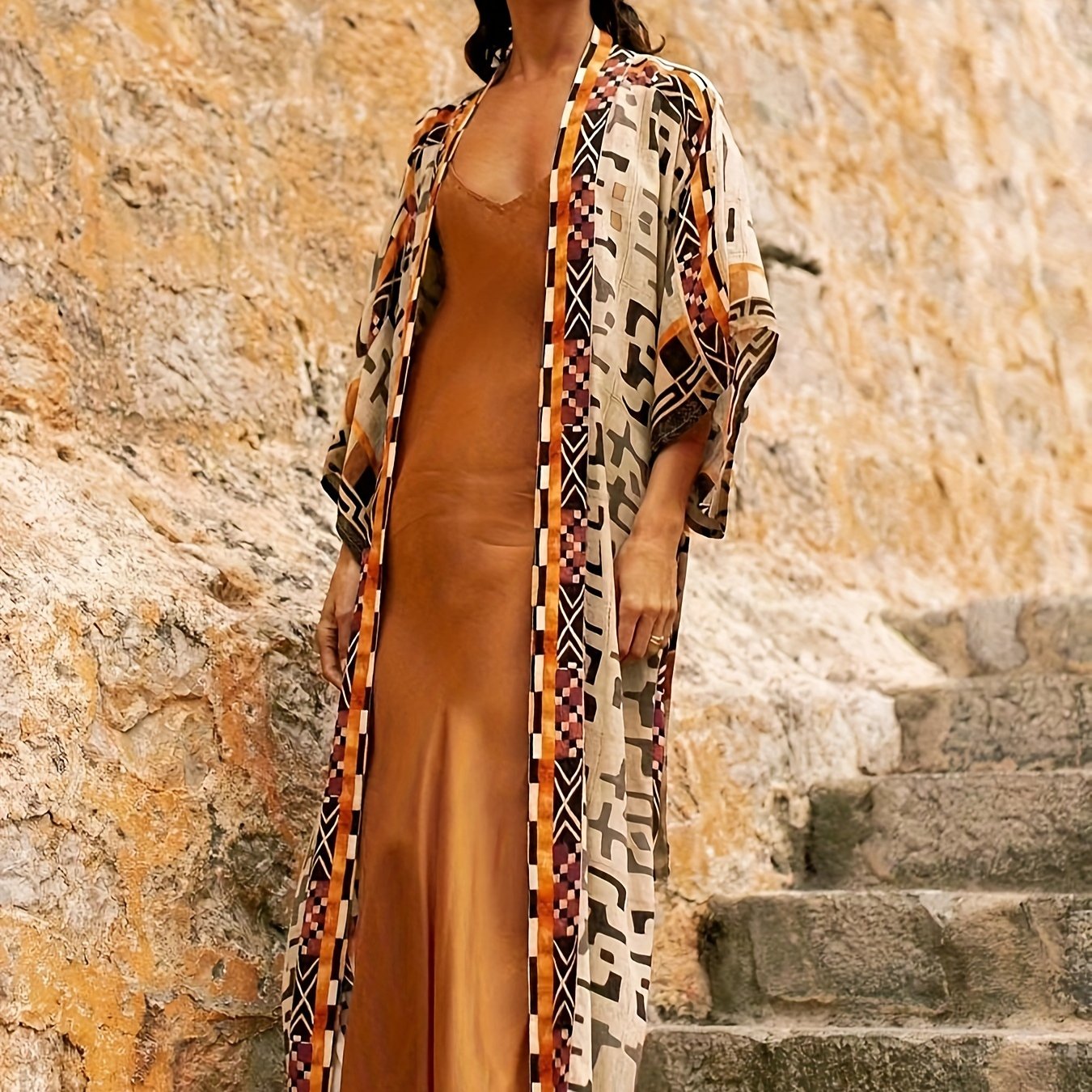 Women's Boho Long Kimono with Ikat Pattern – Elegant Beach and Summer Fashion