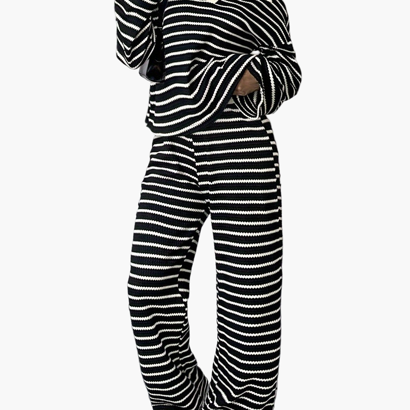 Women's Knit Two-Piece Set – Striped Casual Look for Autumn & Winter, Elegant & Comfortable