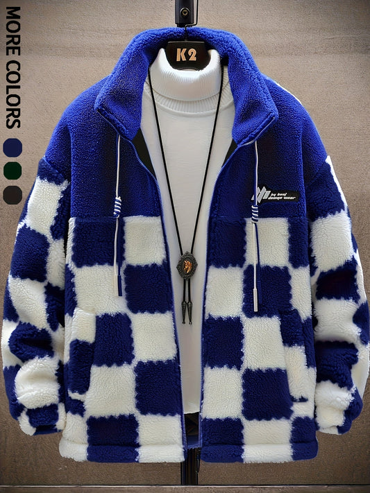 Unisex Fleecejacke mit Schachbrettmuster Reißverschluss Stehkragen