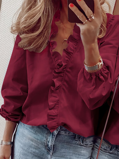 Women's blouse with ruffles and V-neck – Elegant casual style for everyday and office wear