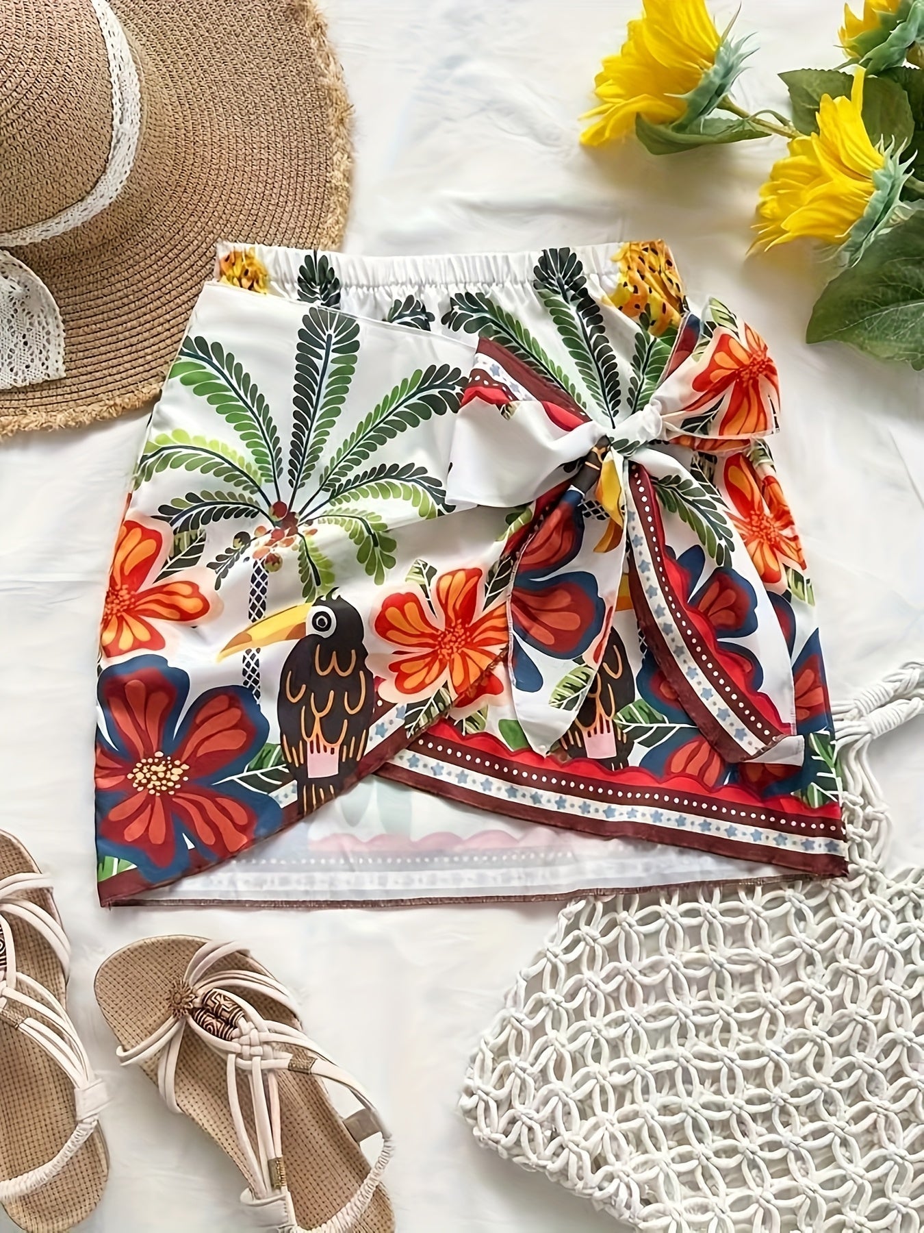 Women's Mini Beach Wrap Skirt with Tropical Pattern and Bow – Summery Vacation Style