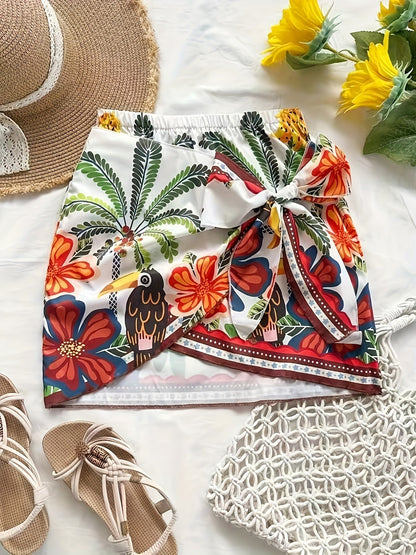 Women's Mini Beach Wrap Skirt with Tropical Pattern and Bow – Summery Vacation Style