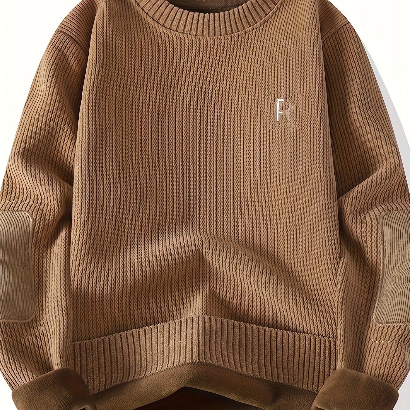 Unisex Langarm Pullover mit Ellbogen-Patches, Rundhalsausschnitt, gerippter Saum