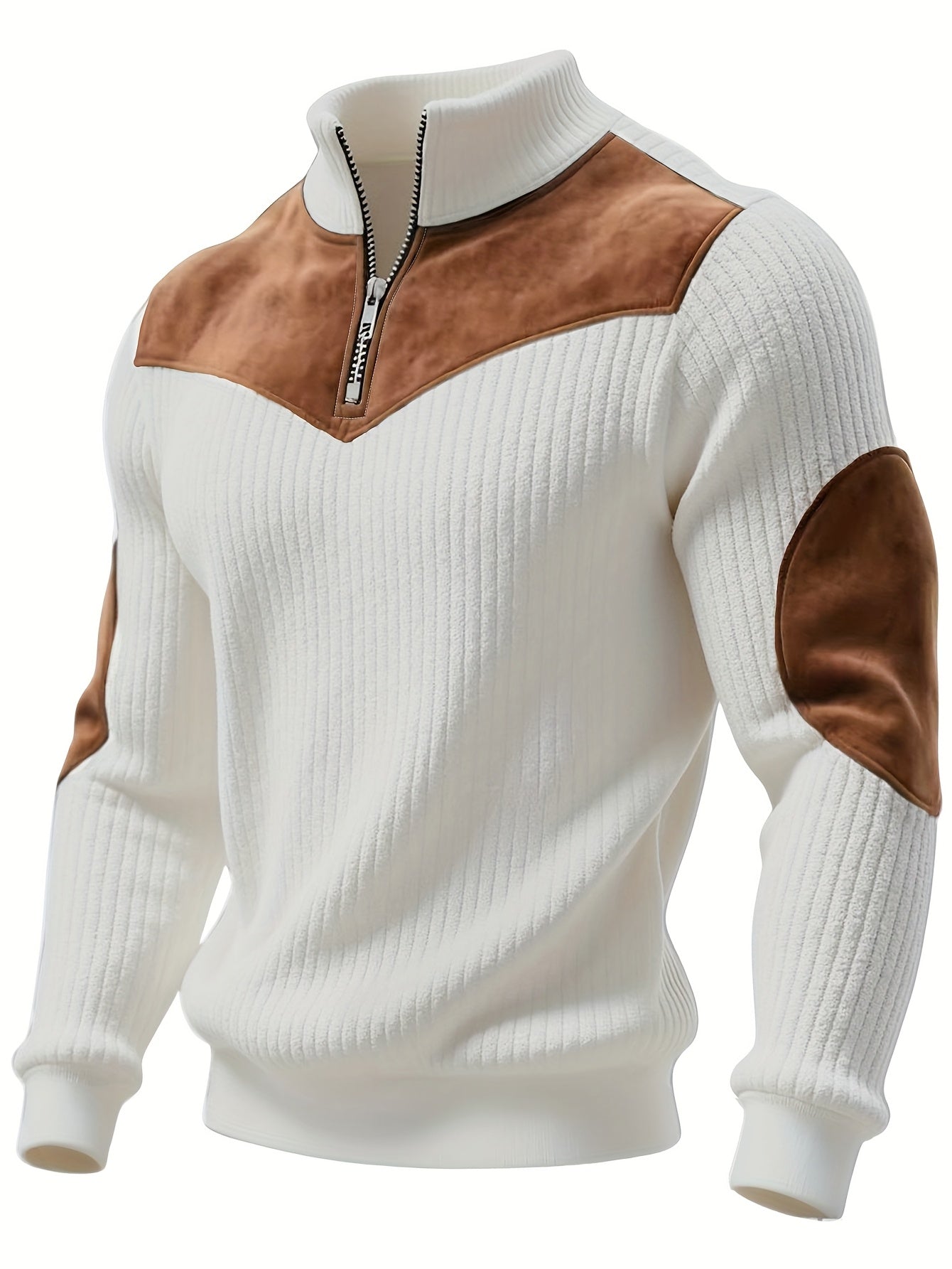 Ribbed men's quarter-zip sweater with suede-look patches