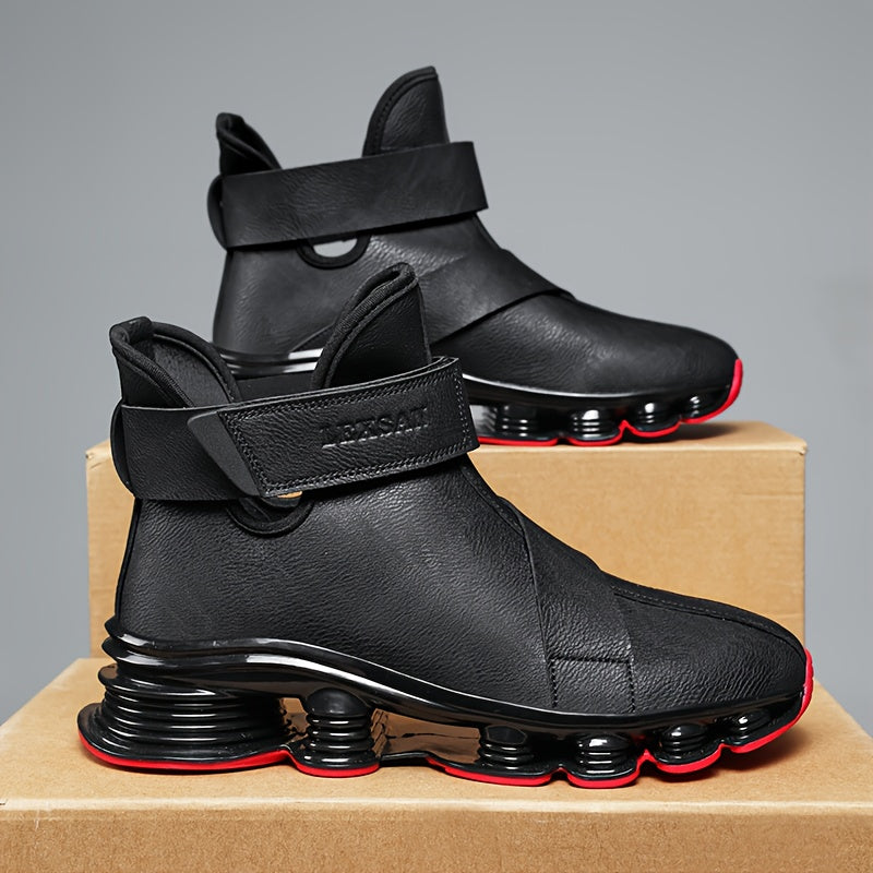 Men's black high-top sneaker boots with a red sole, laces, and Velcro closure