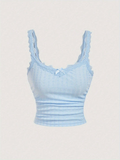 Women's Coquette-Style Camisole Top with Lace and Bow – Feminine Vintage Layering for Casual Wear