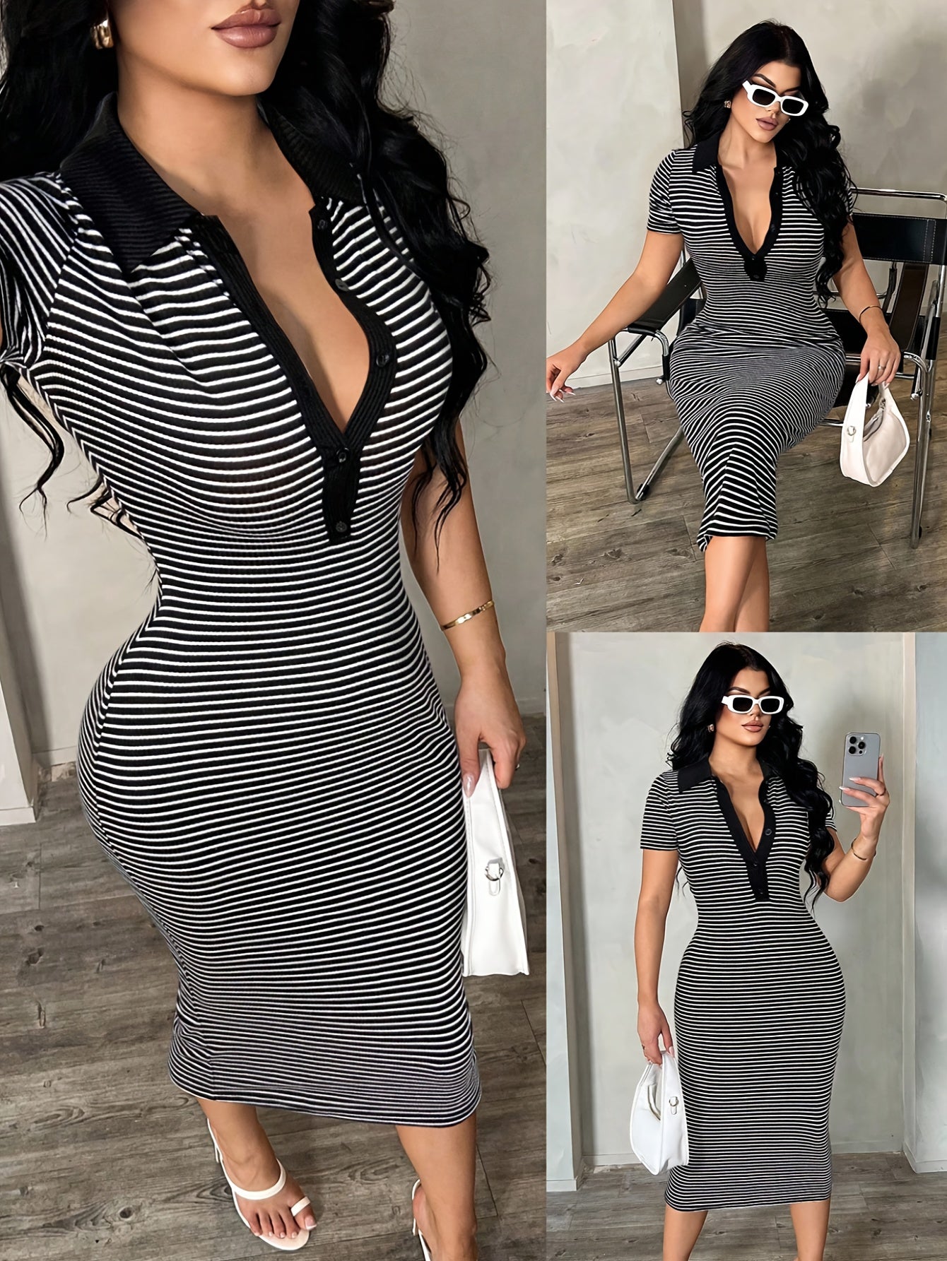 Women's Polo Midi Dress in Bodycon Style with Stripes – Elegant Casual Look for Everyday and Going Out