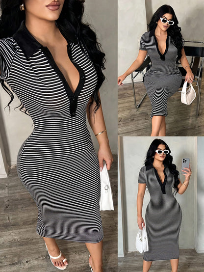 Women's Polo Midi Dress in Bodycon Style with Stripes – Elegant Casual Look for Everyday and Going Out
