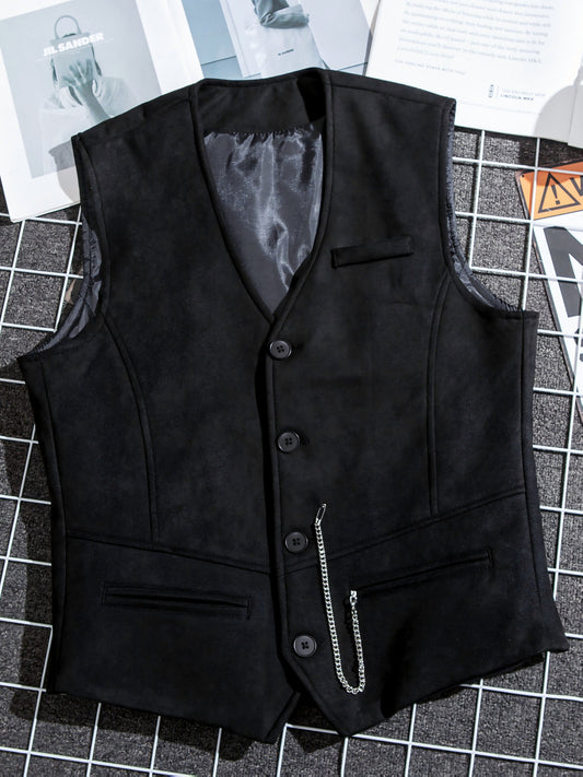 Men's vest with V-neck, button placket, and chain detail