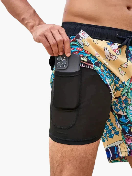Herren Badeshorts mit Kompressions-Innenshorts – Tropischer Stil für Strand & Sport