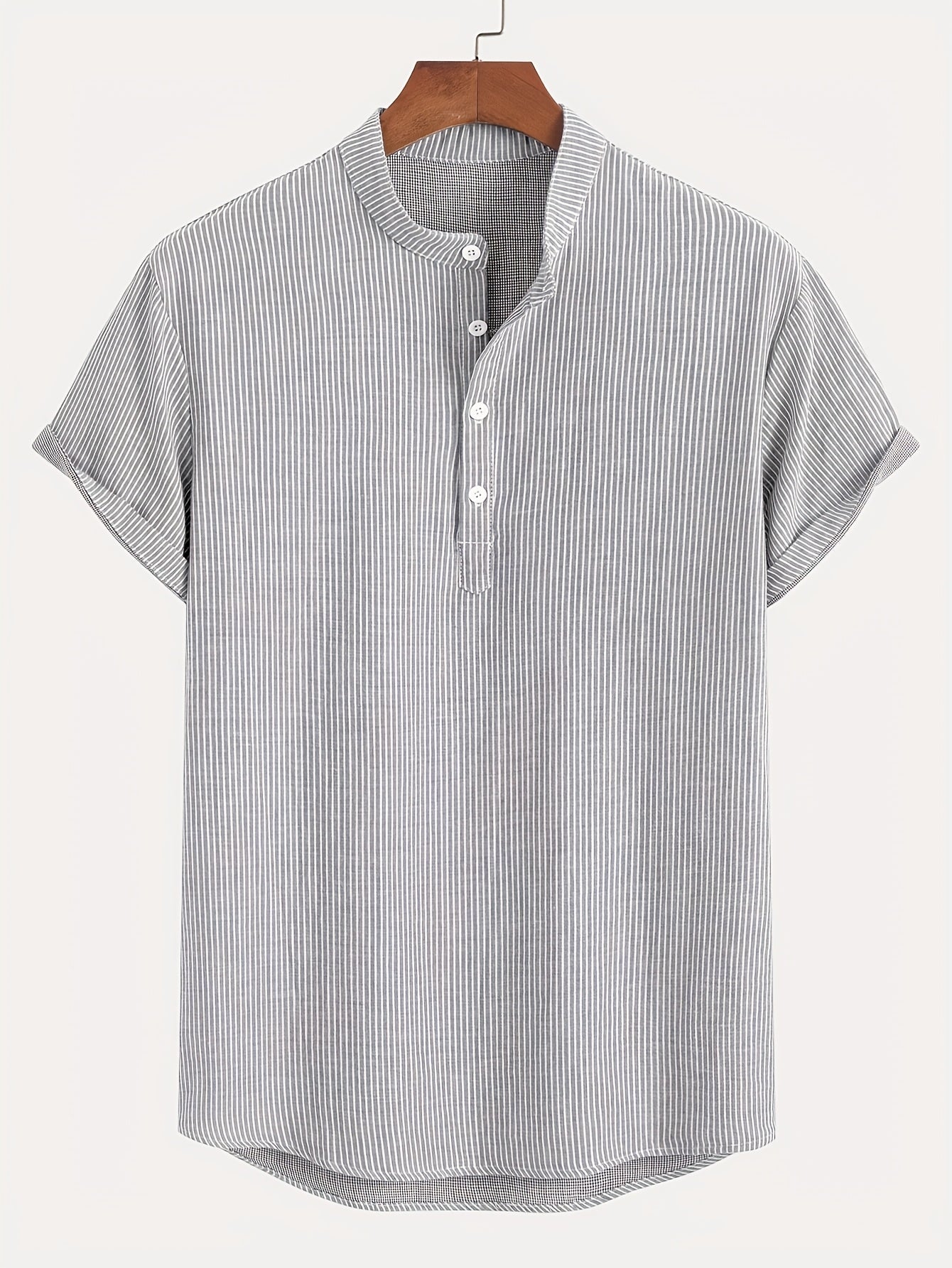 Men's Short Sleeve Henley Shirt with Stand Collar and Stripes – Modern Casual Shirt