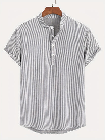 Men's Short Sleeve Henley Shirt with Stand Collar and Stripes – Modern Casual Shirt