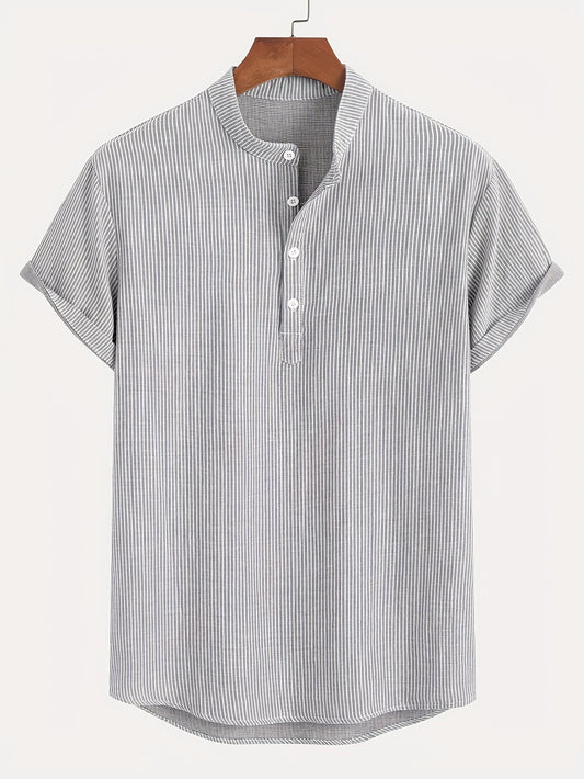 Men's Short Sleeve Henley Shirt with Stand Collar and Stripes – Modern Casual Shirt