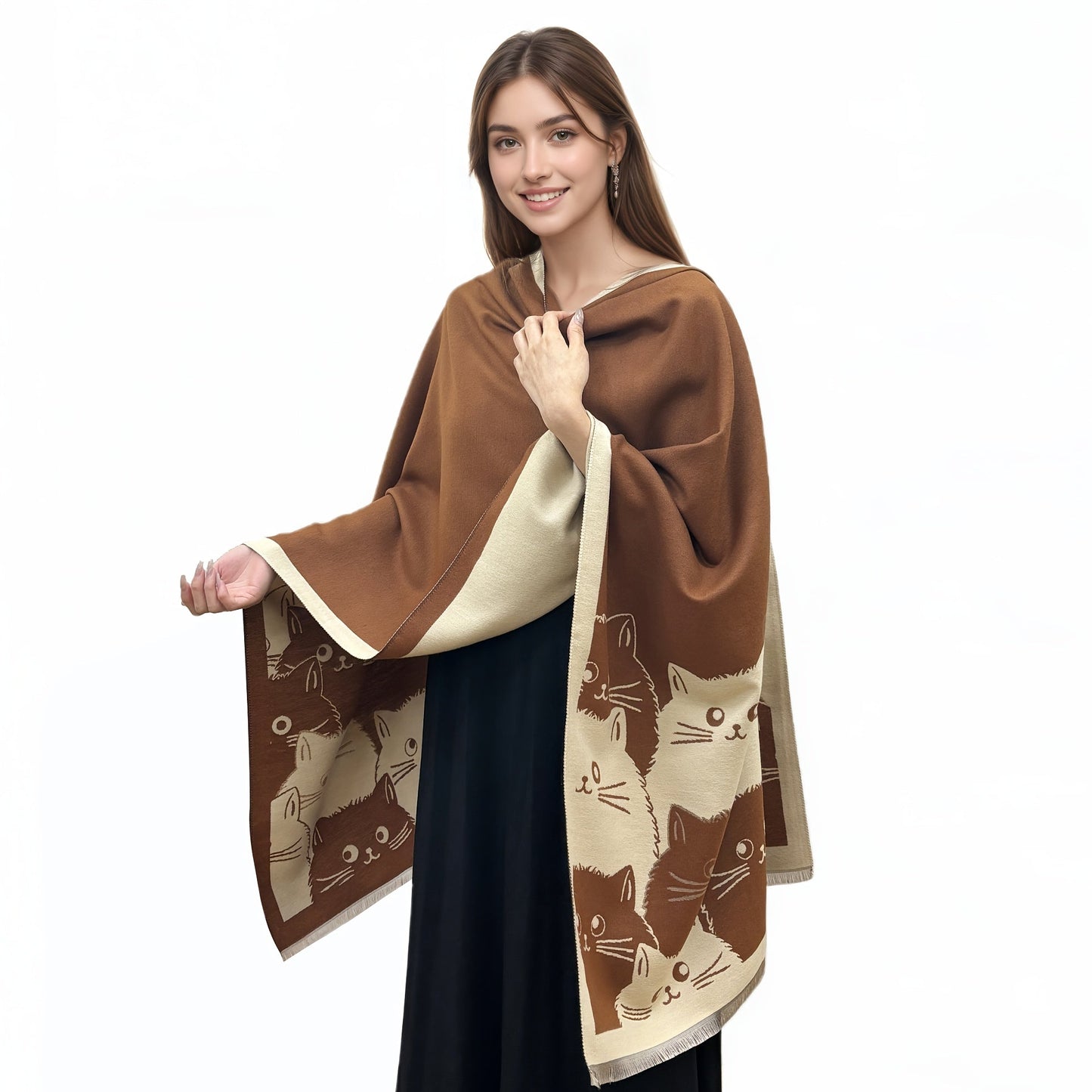 Women's poncho with cat pattern, fringe, and soft fabric
