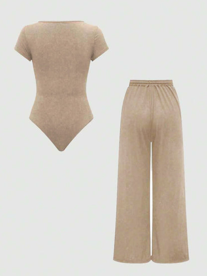 Women's One-Piece Set with Square Neck Bodysuit and Wide Pants, Casual & Everyday