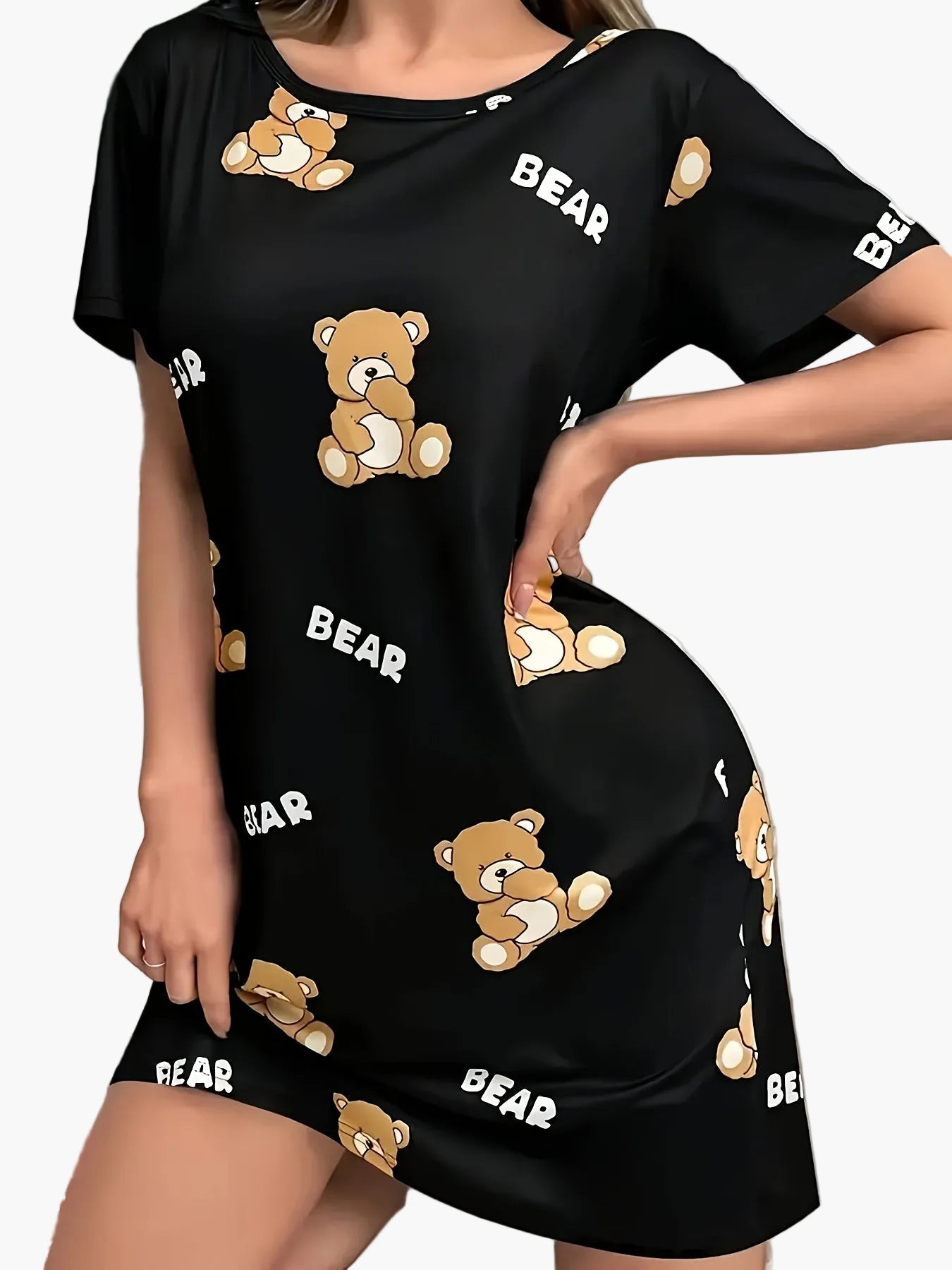 Women's Nightgown with Bear Print, Short Sleeves, Loose Fit, Cute Cartoon Style, For Home & Sleep