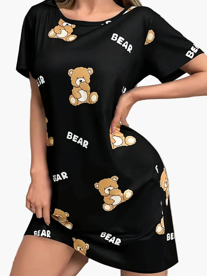 Women's Nightgown with Bear Print, Short Sleeves, Loose Fit, Cute Cartoon Style, For Home & Sleep