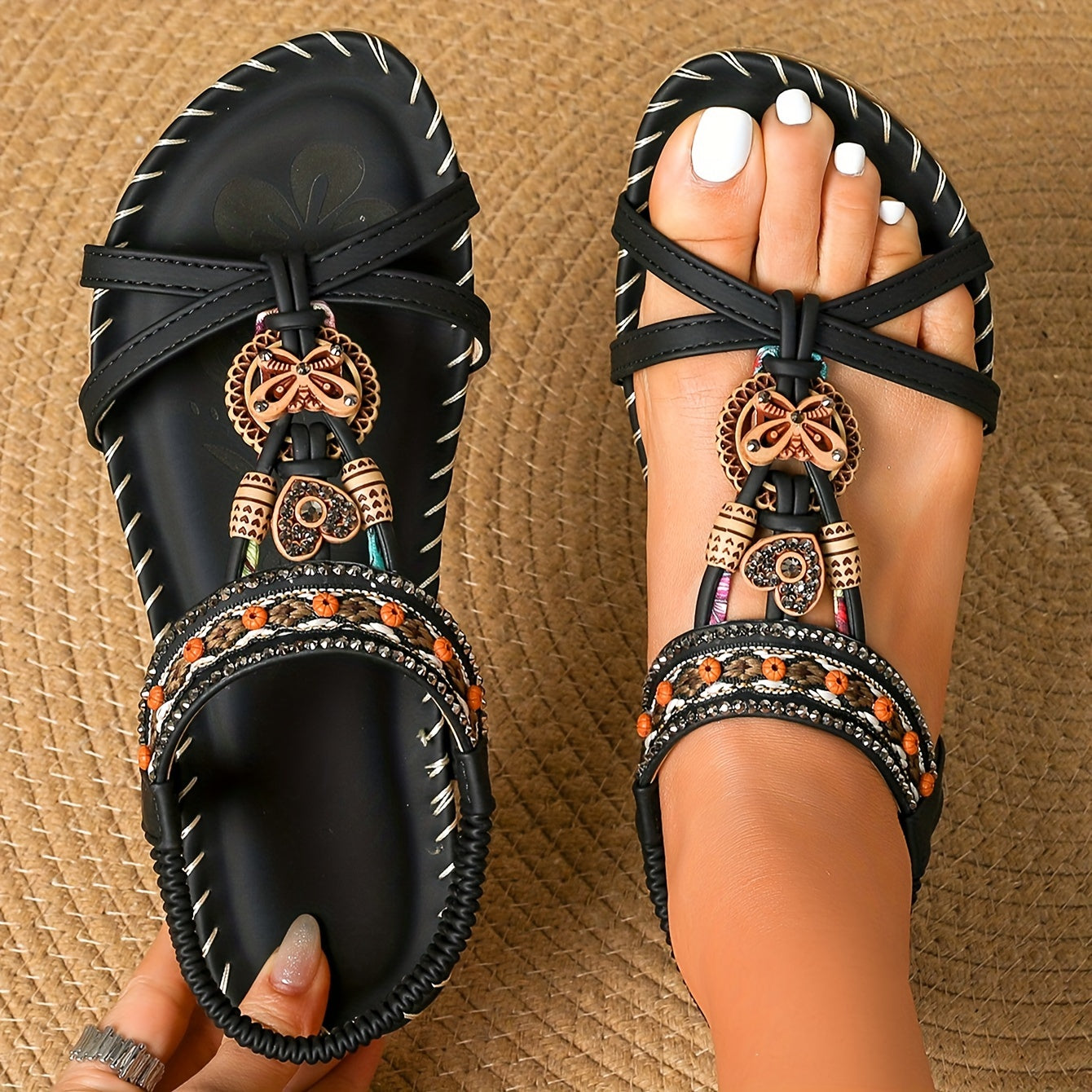 Women's Boho Sandals with Decorative Jewelry and Elastic Ankle Strap – Comfortable Summer Shoes for Casual Wear and Vacation