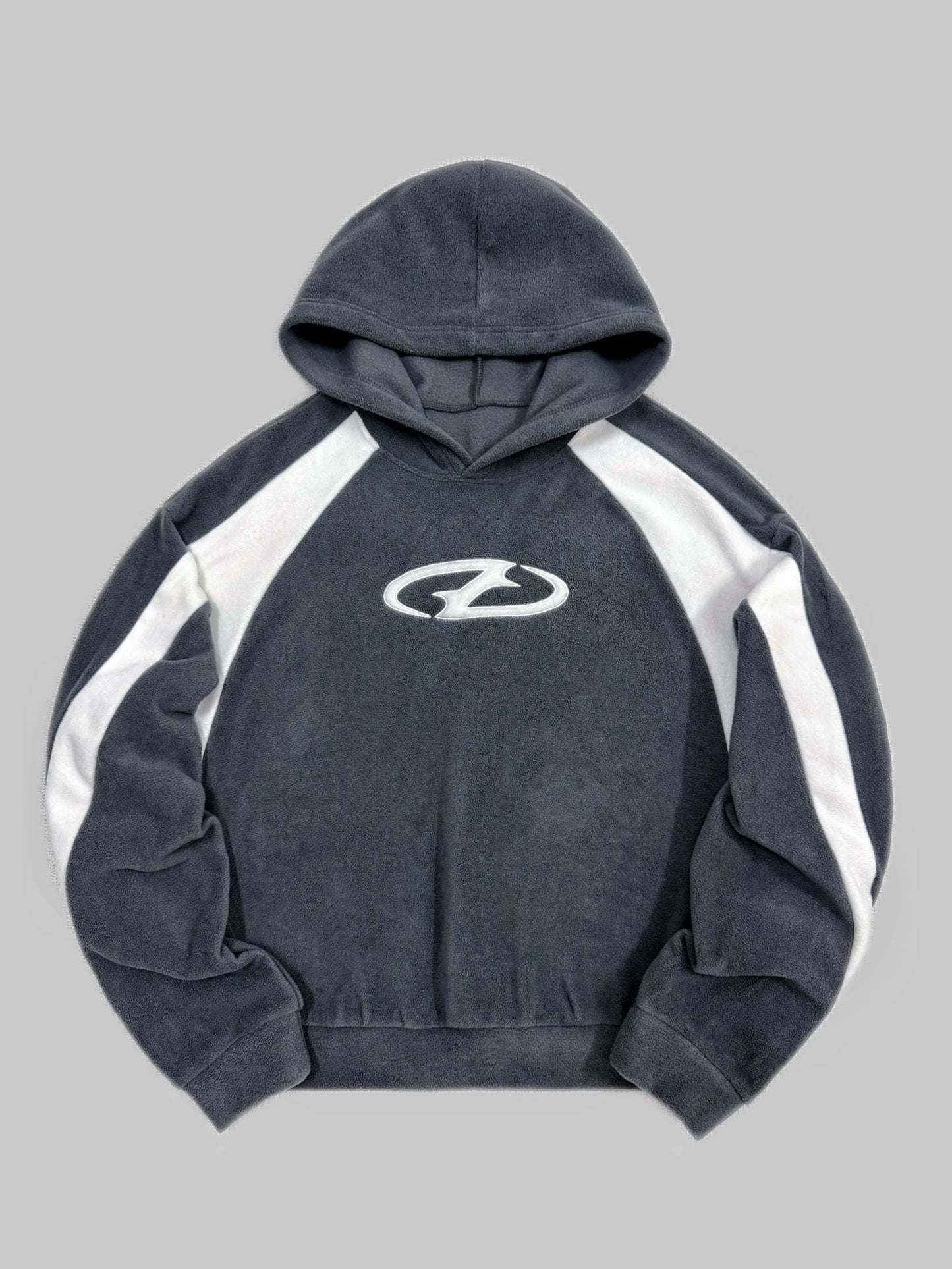 Gray fleece hoodie with logo and white stripes