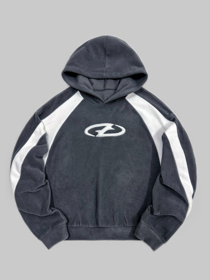 Gray fleece hoodie with logo and white stripes